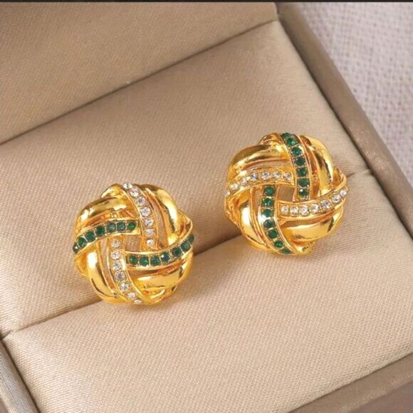 "Amelia" 14k Gold Plate Love Knot Studs, Emerald and Diamond Rhinestones - Picture 2 of 4